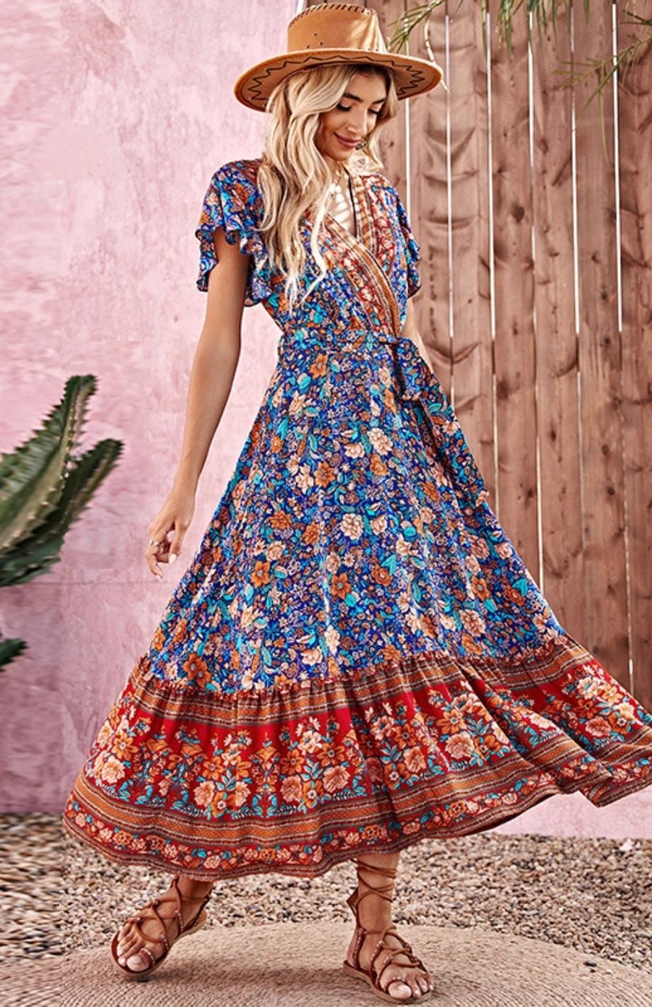 Robe Longue Champêtre | Reine Rustique BLEU ROUGE / XS