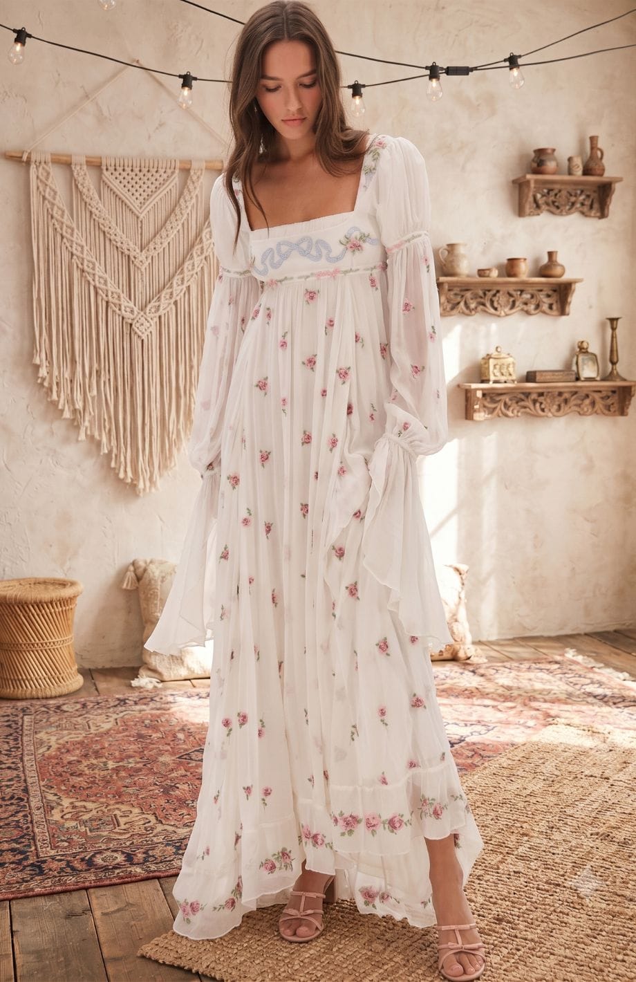 Robe Longue Fleurie Bohème | Reine Rustique BLANC / S