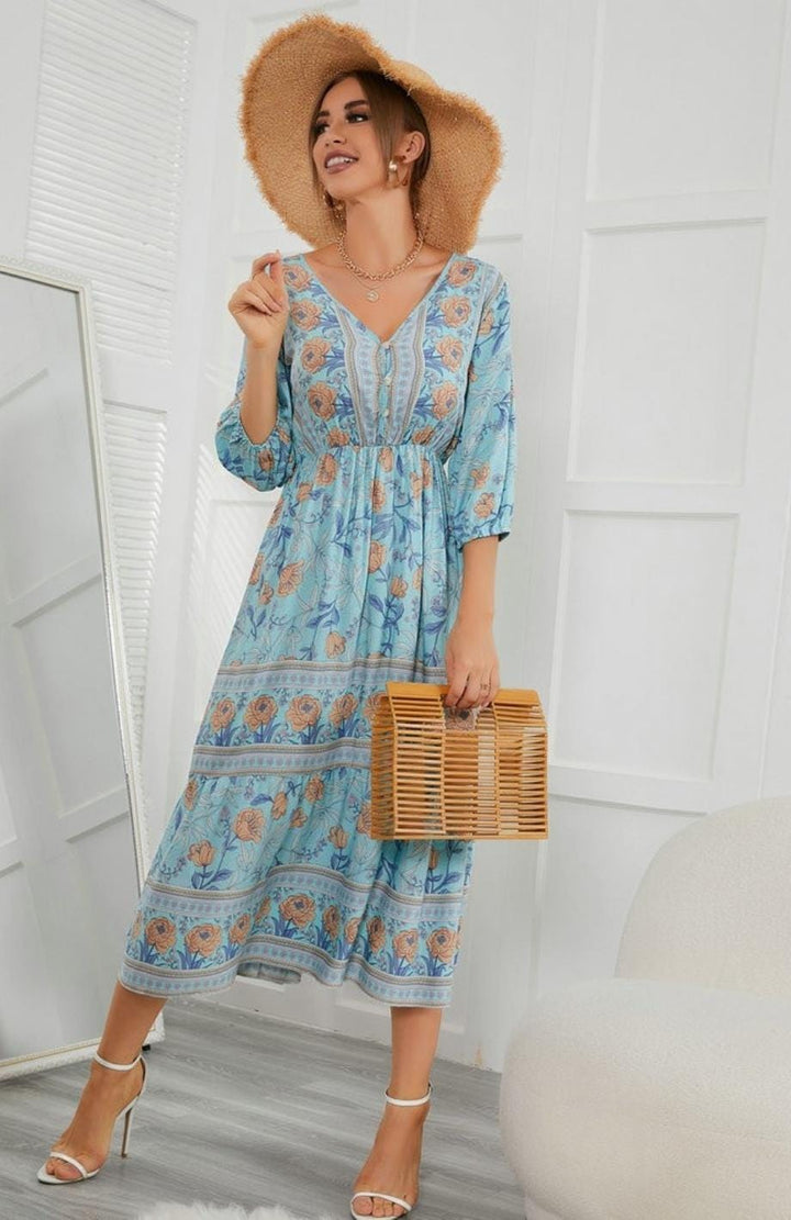 Belle Et Douce Robe Champs Mi Longue | Reine Rustique BLEU CIEL / S