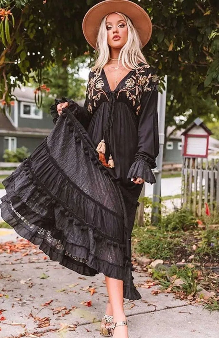 Bohème Chic Robe Longue | Reine Rustique NOIR / S