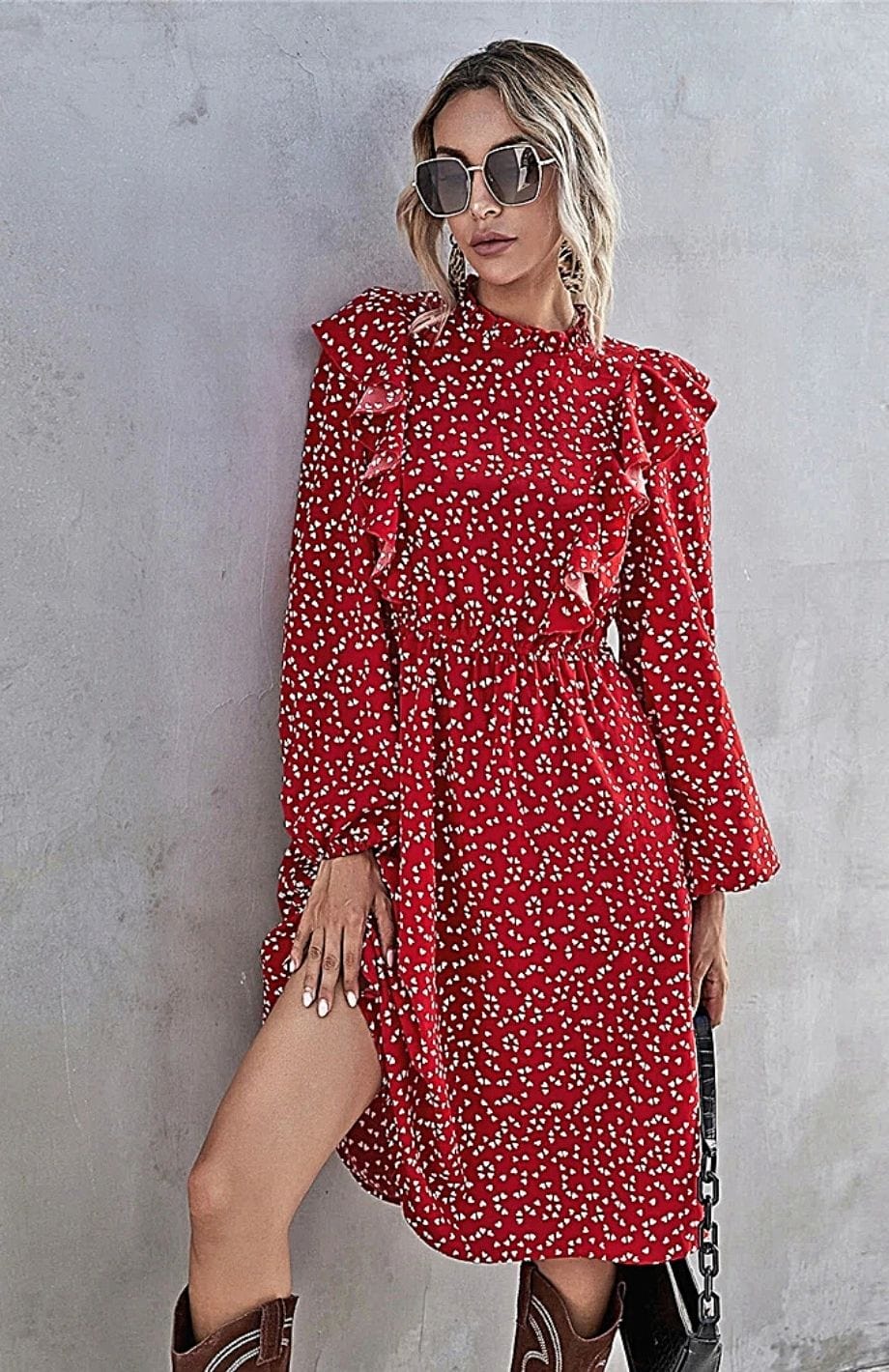 Robe Mi-Longue Fleurie Chic | Reine Rustique ROUGE / S