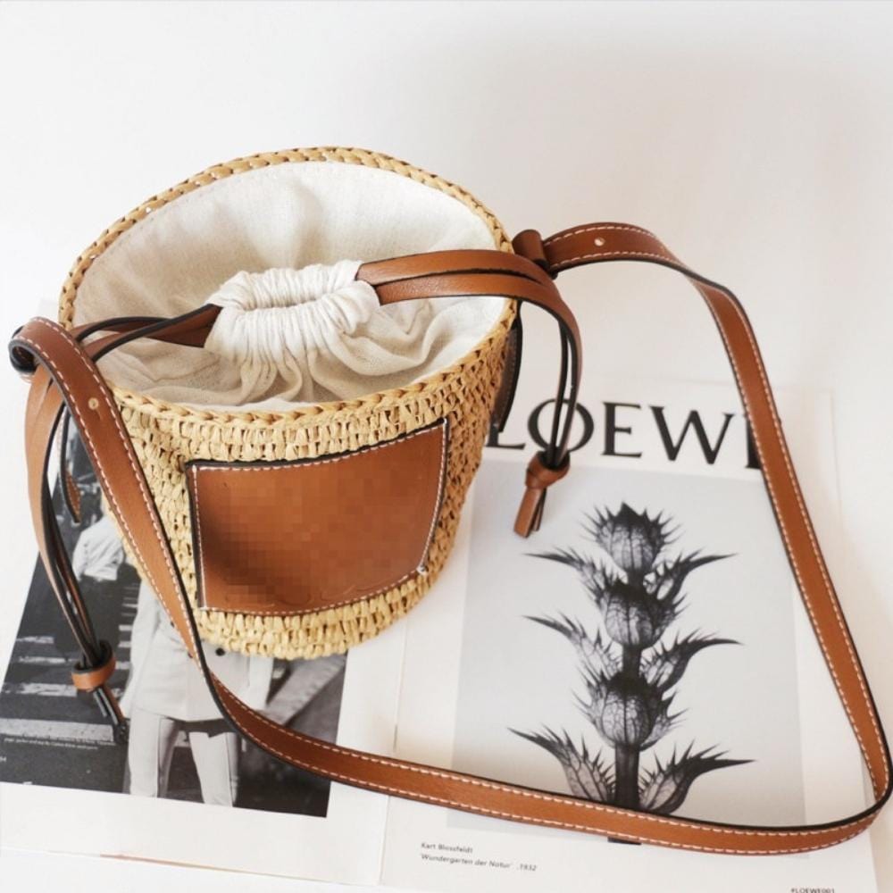 Sac A Main Chic Champêtre En Paille Sangle En Cuir | Reine Rustique BEIGE / 19x13x13 cm