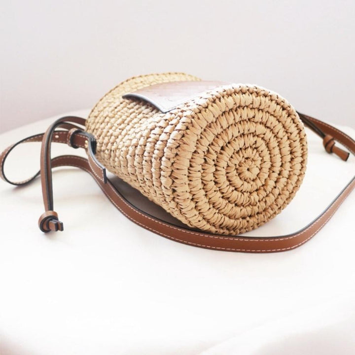Sac A Main Chic Champêtre En Paille Sangle En Cuir | Reine Rustique BEIGE / 19x13x13 cm