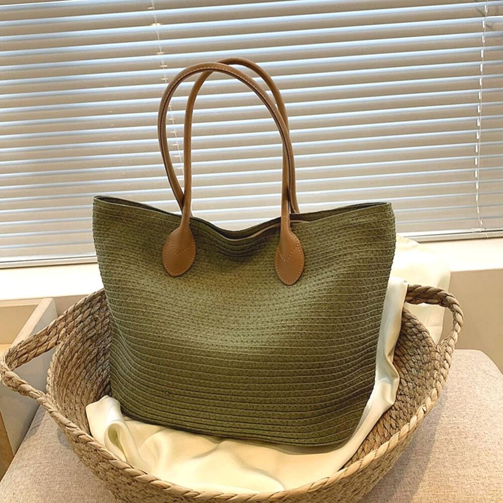 Sac Cabas En Paille | Reine Rustique VERT MILITAIRE / 41x30x14cm